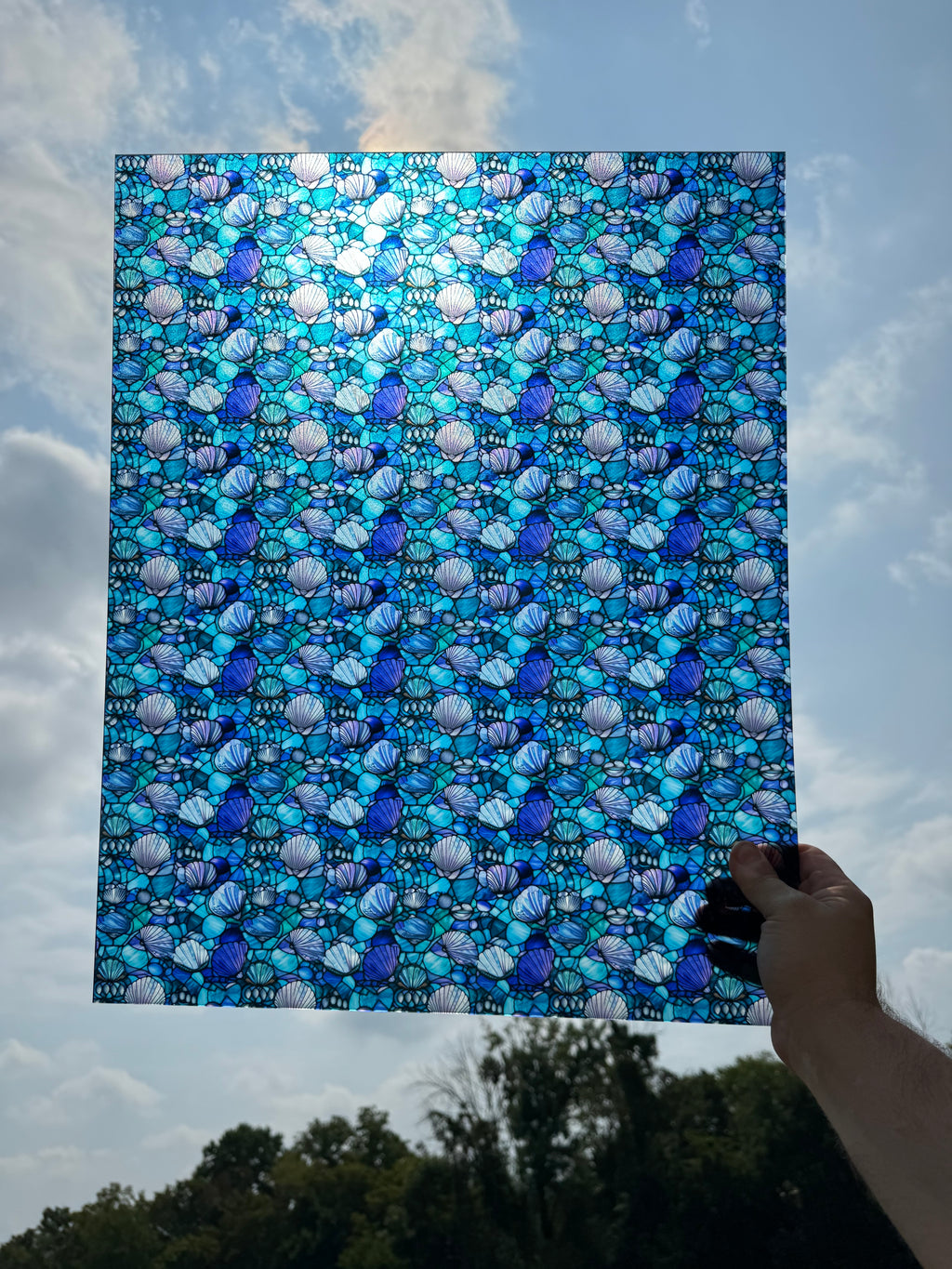 PatternPly® 19x24" Transparent Stained Glass Seashells Original Scale sheet showing the pattern