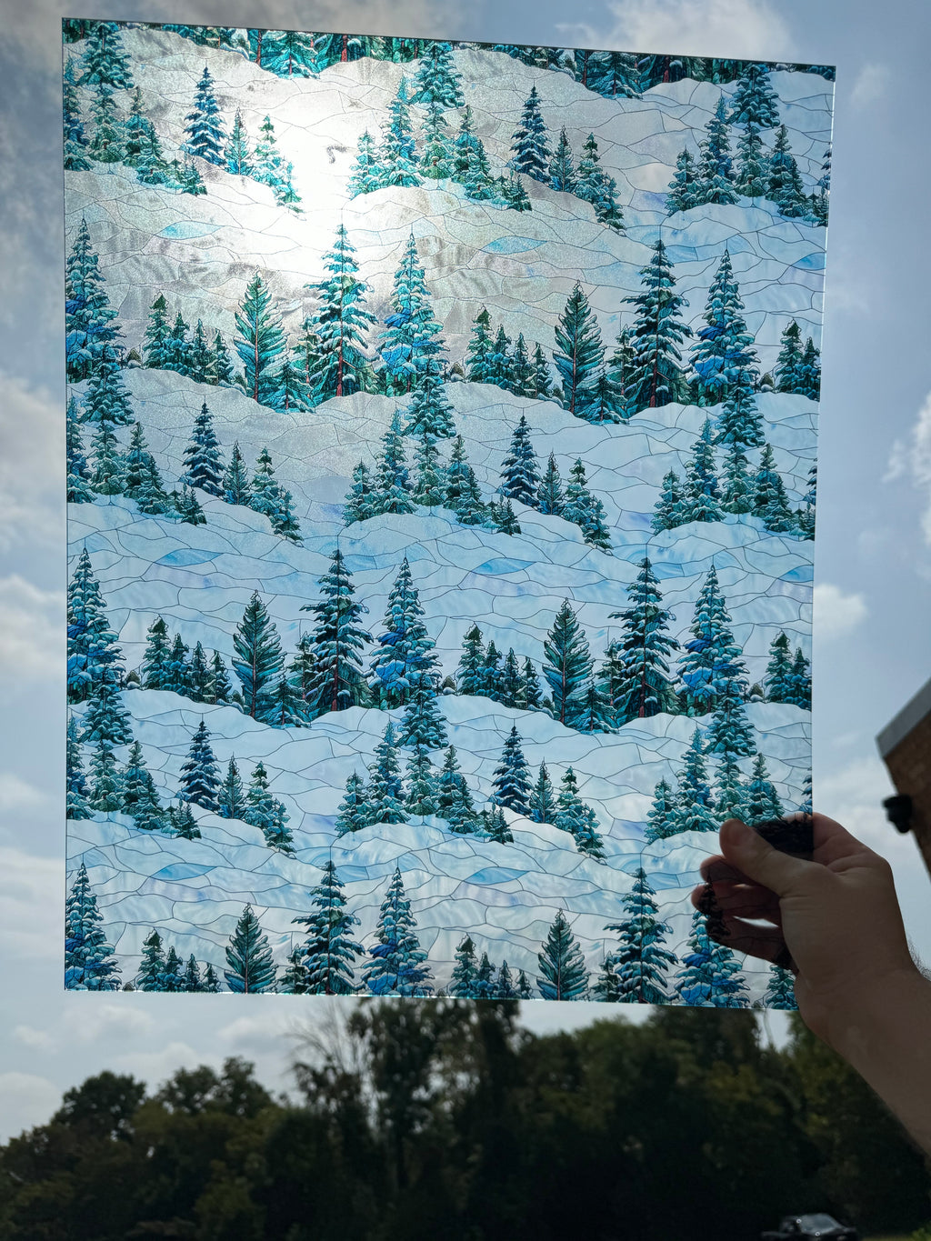 PatternPly® 19x24" Transparent Stained Glass Snowy Hills XL Scale sheet showing the pattern