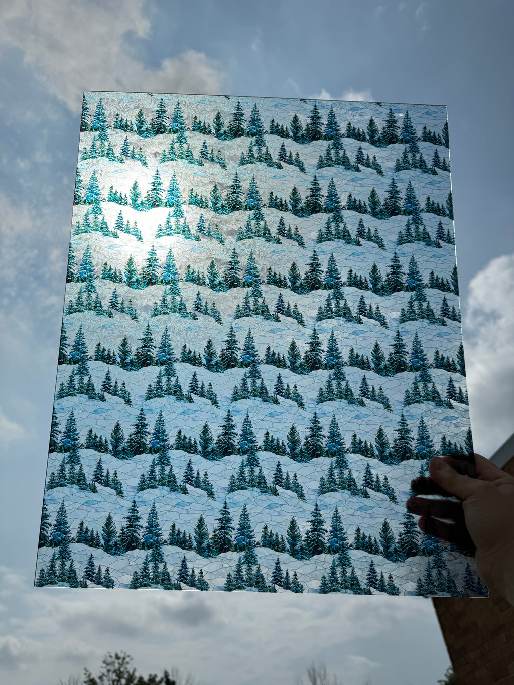 PatternPly® 19x24" Transparent Stained Glass Snowy Hills Original Scale sheet showing the pattern