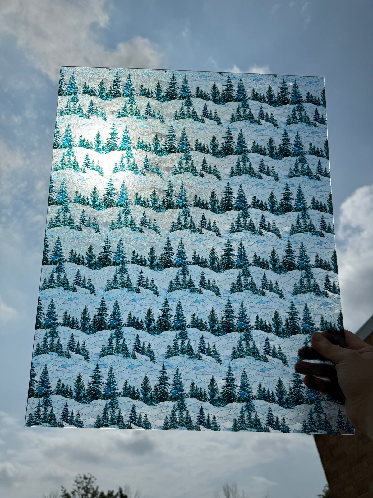 PatternPly® 19x24" Transparent Stained Glass Snowy Hills Original Scale sheet showing the pattern