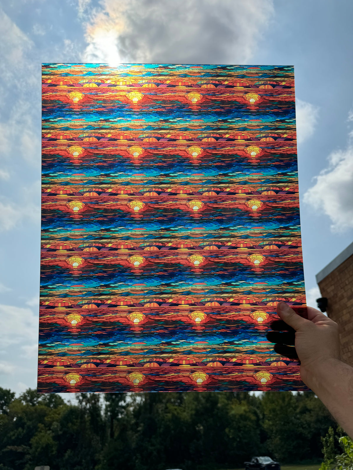 PatternPly® 19x24" Transparent Stained Glass Sunset Original Scale sheet showing the pattern