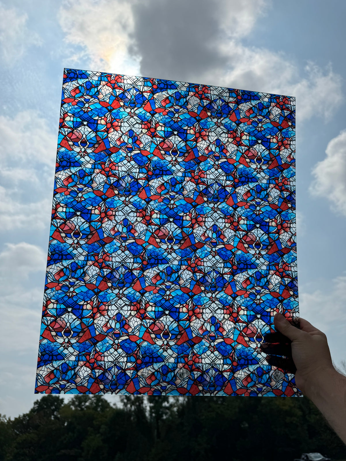 PatternPly® 19x24" Transparent Red, White, and Blue Stained Glass XL Scale sheet showing the pattern