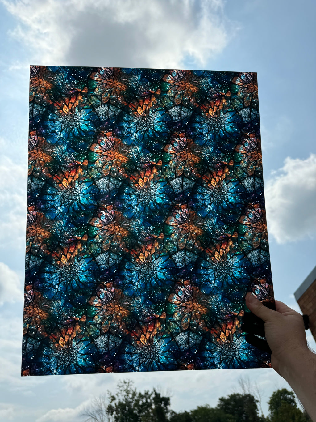 PatternPly® 19x24" Transparent Abstract Winter Colors Stained Glass XL Scale sheet showing the pattern