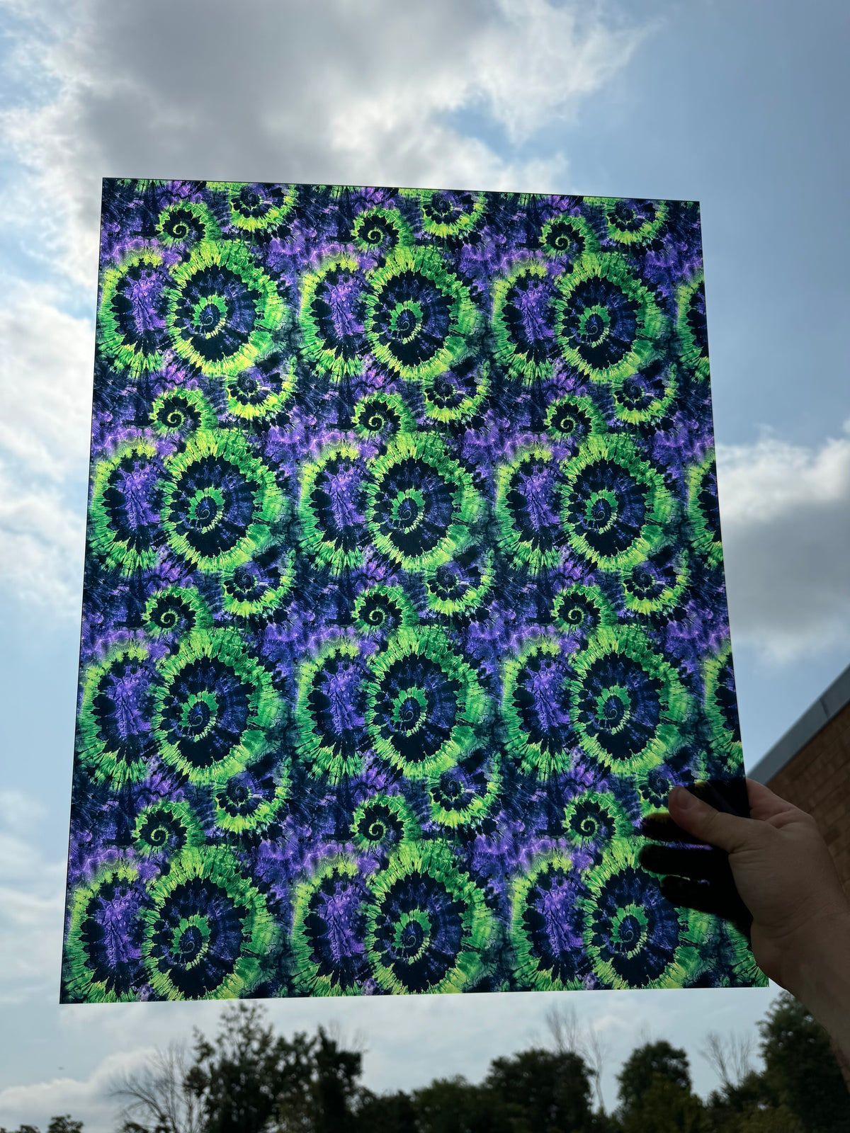 PatternPly® 19x24" Transparent Green and Purple Halloween Tie Dye XL Scale sheet showing the pattern