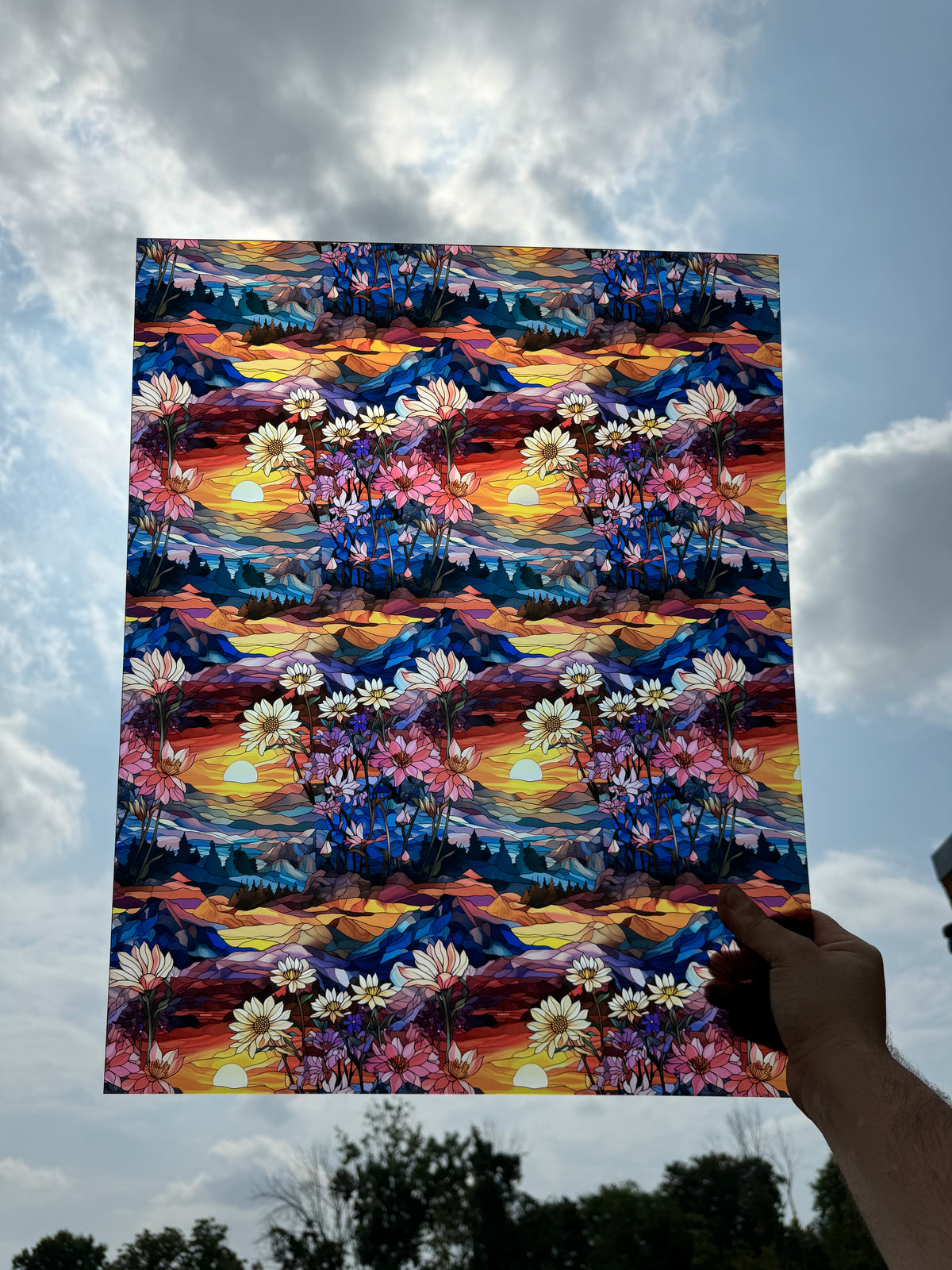 PatternPly® 19x24" Transparent Floral Mountain Range Stained Glass XL Scale sheet showing the pattern