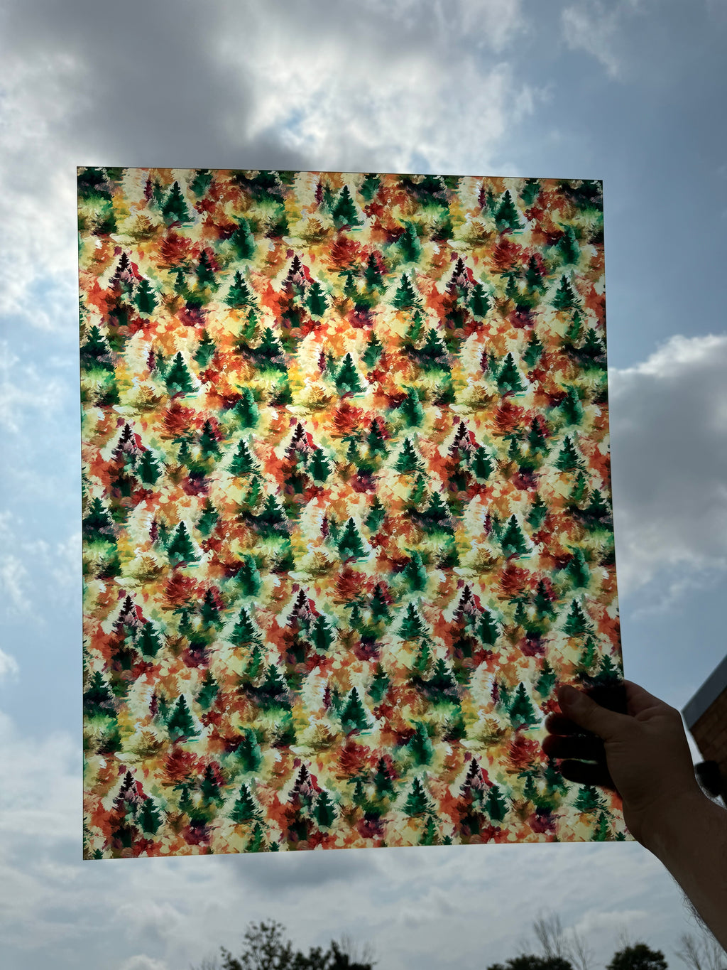 PatternPly® 19x24" Transparent Fall Watercolor Christmas Tree XL Scale sheet showing the pattern