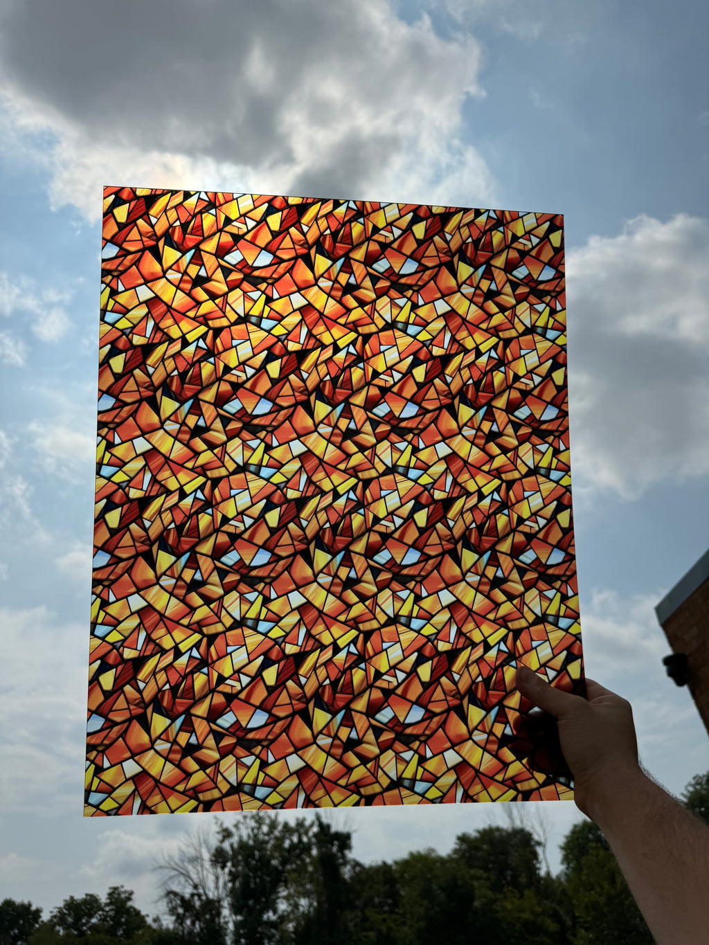 PatternPly® 19x24" Transparent Abstract Candy Corn Stained Glass XL Scale sheet showing the pattern