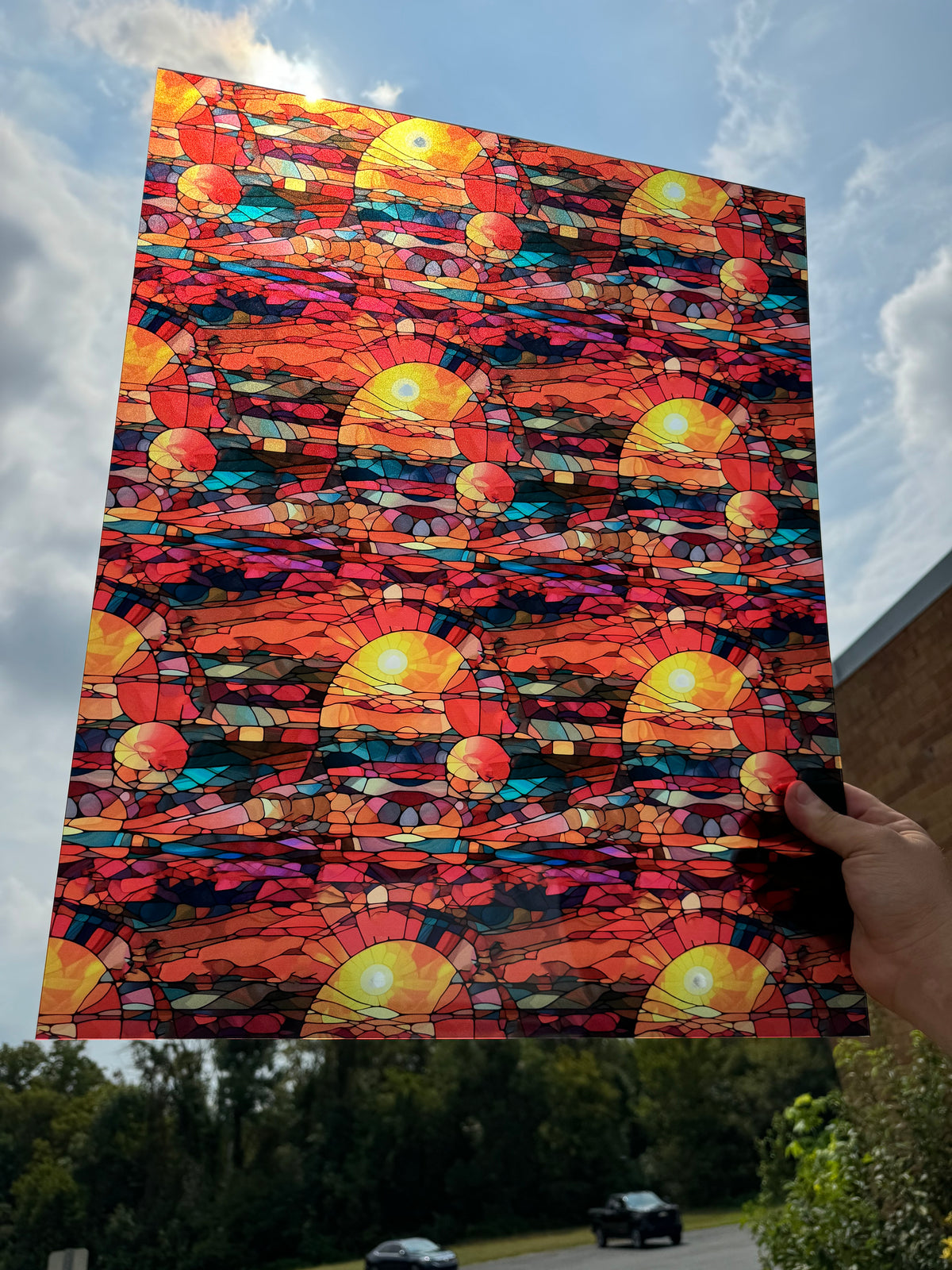 PatternPly® 19x24" Transparent Abstract Sun Stained Glass XL Scale sheet showing the pattern