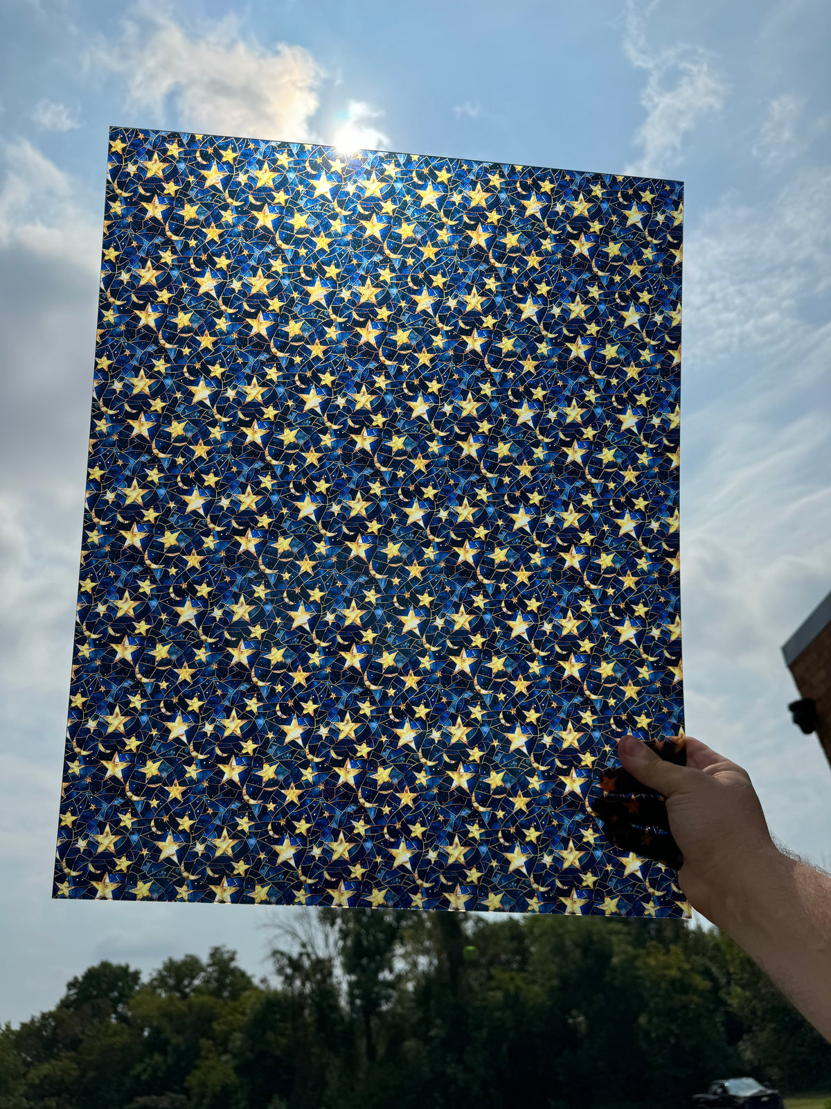 PatternPly® 19x24" Transparent Stained Glass Moon and Stars Original Scale sheet showing the pattern
