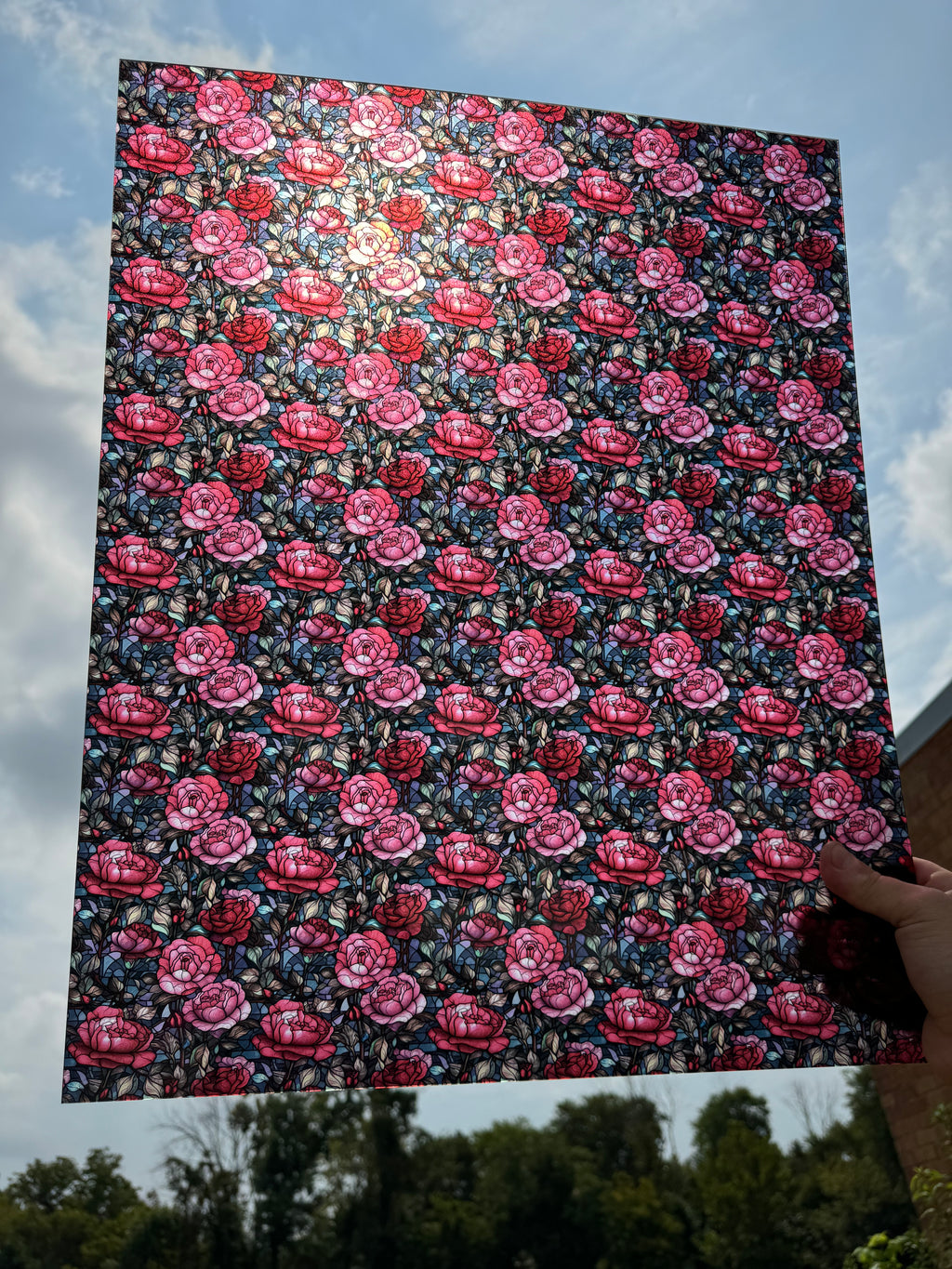 PatternPly® 19x24" Transparent Stained Glass Roses Original Scale sheet showing the pattern