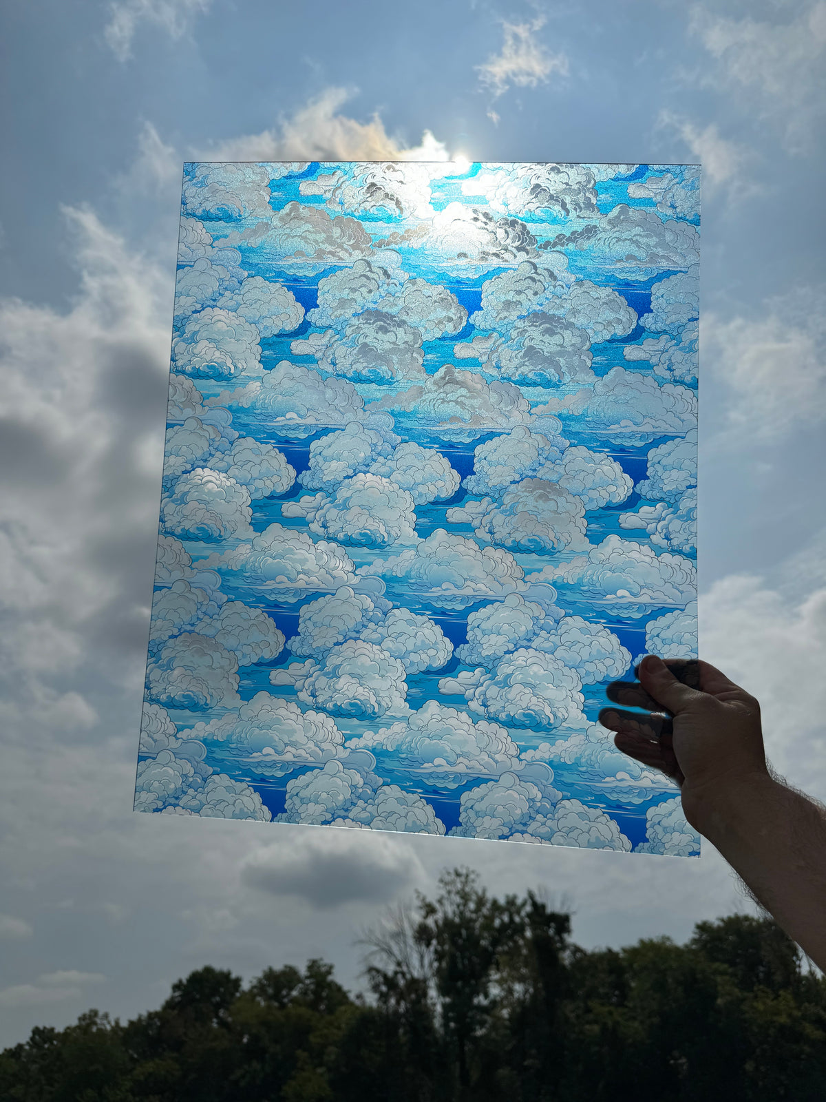 PatternPly® 19x24" Transparent Stained Glass Clouds XL Scale sheet showing the pattern