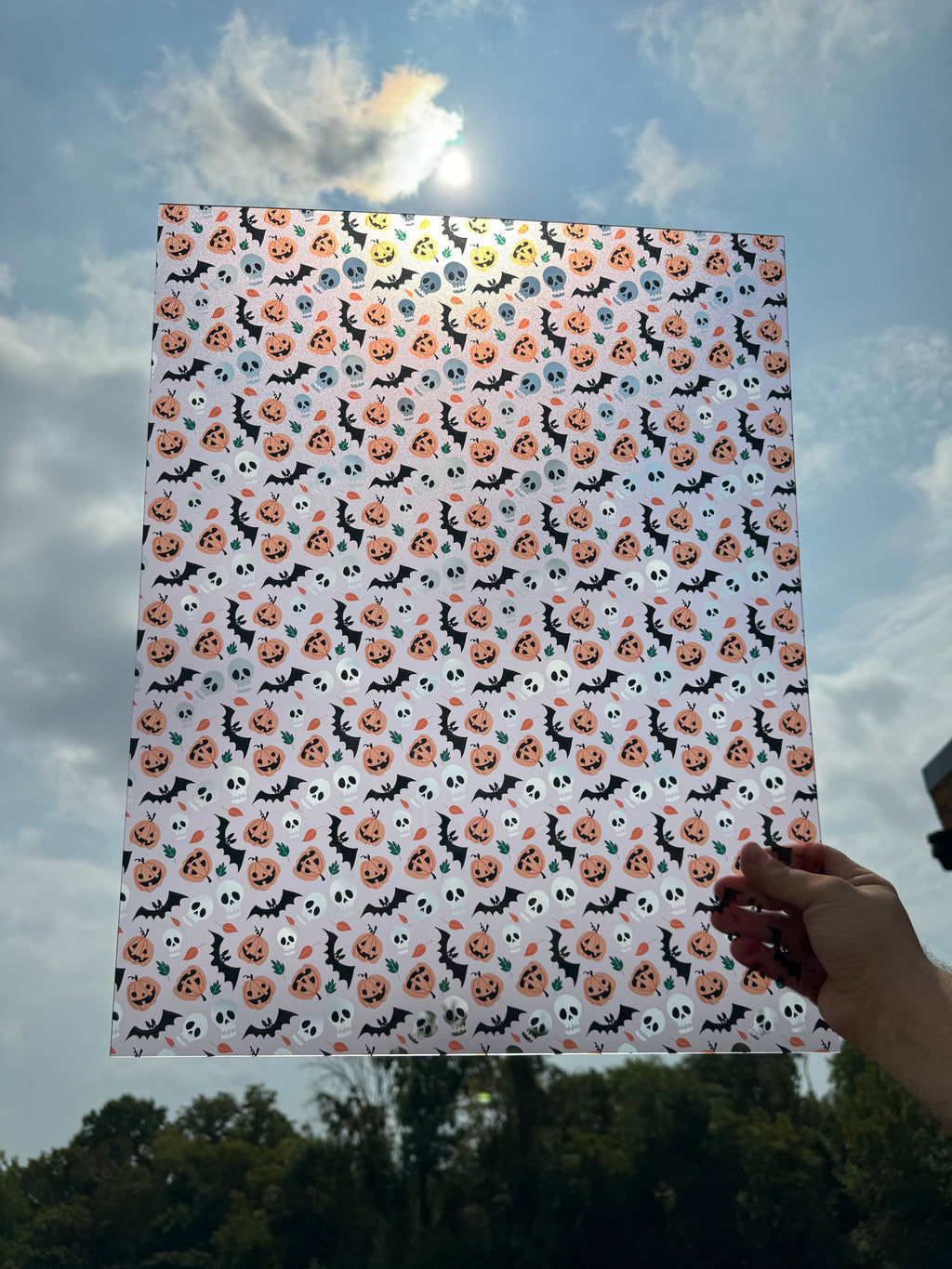 PatternPly® 19x24" Transparent Bats, Skulls, and Jack o Lanterns Pink Background XL Scale sheet showing the pattern