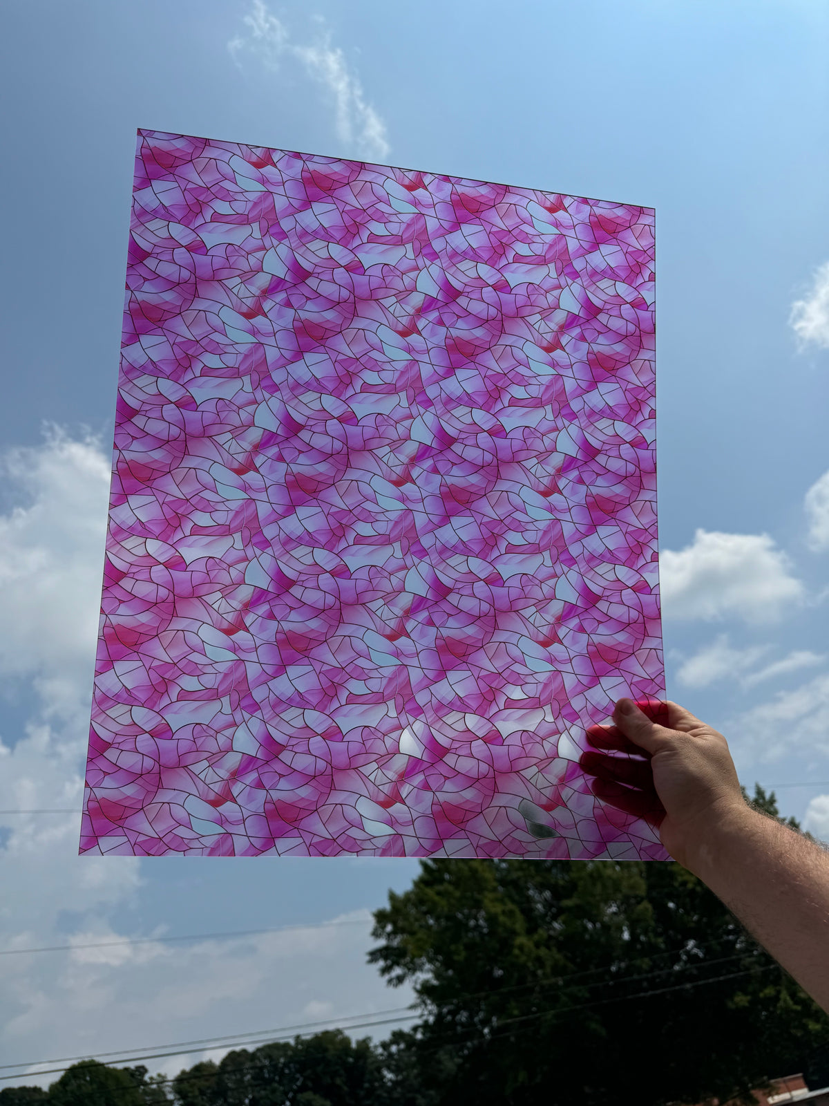 PatternPly® 19x24" Transparent Baby Pink Stained Glass XL Scale sheet showing the pattern