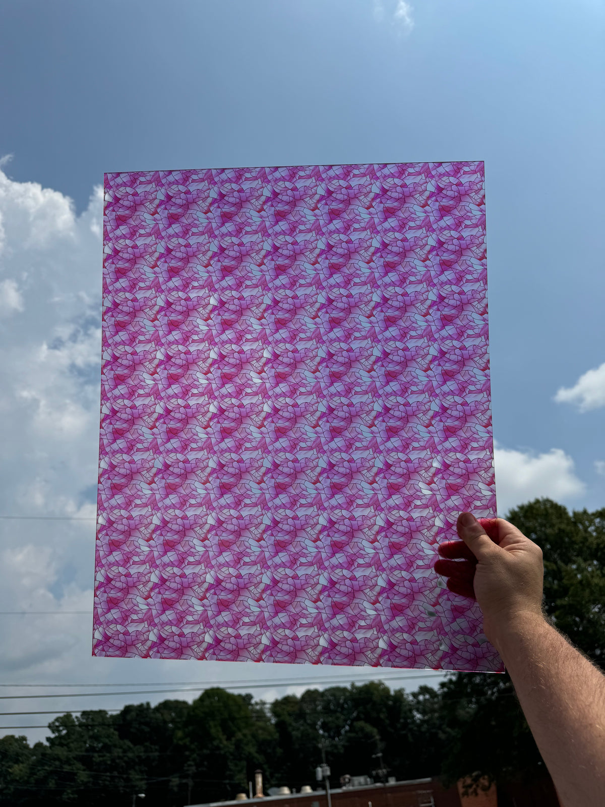 PatternPly® 19x24" Transparent Baby Pink Stained Glass Original Scale sheet showing the pattern