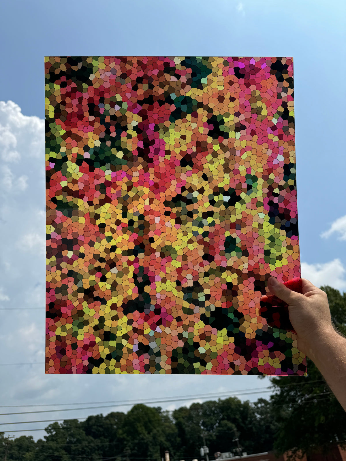 PatternPly® 19x24" Transparent Fall Treetops Stained Glass XL Scale sheet showing the pattern