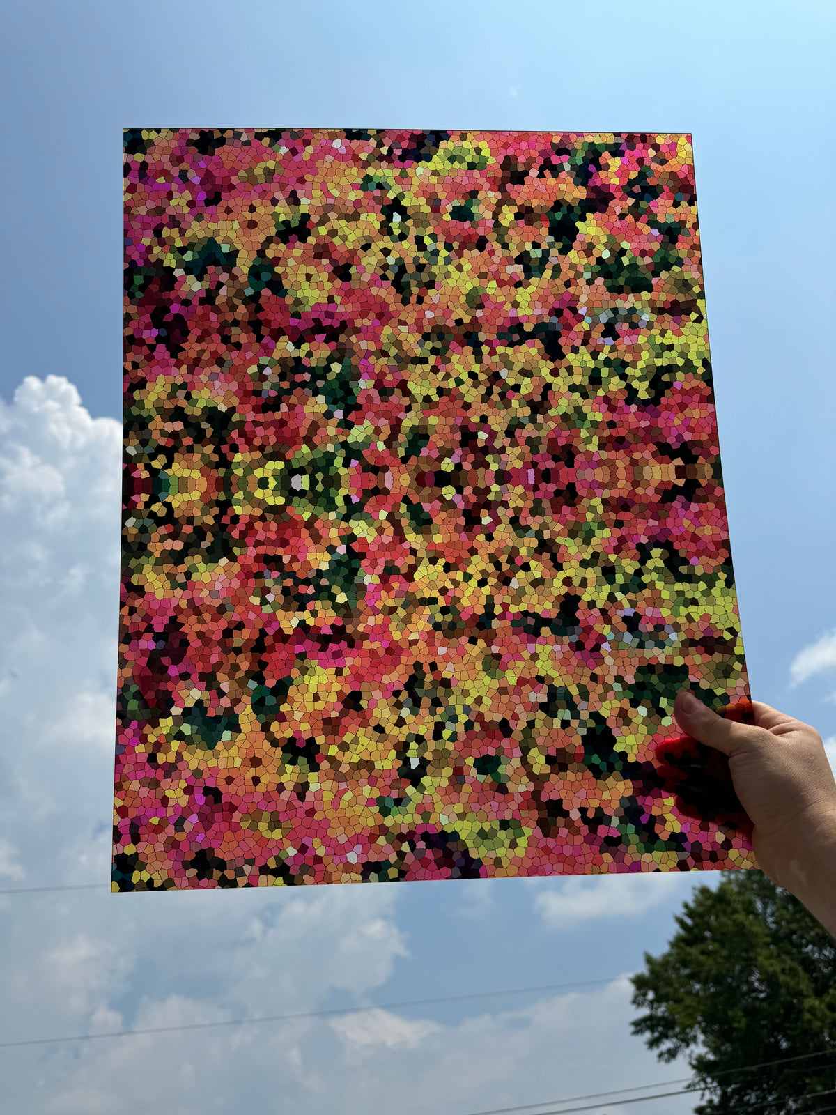 PatternPly® 19x24" Transparent Fall Treetops Stained Glass Original Scale sheet showing the pattern