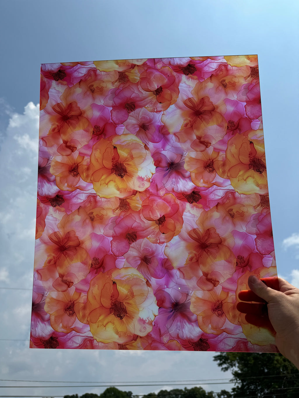 PatternPly® 19x24" Transparent Bright Orange and Pink Floral XL Scale sheet showing the pattern
