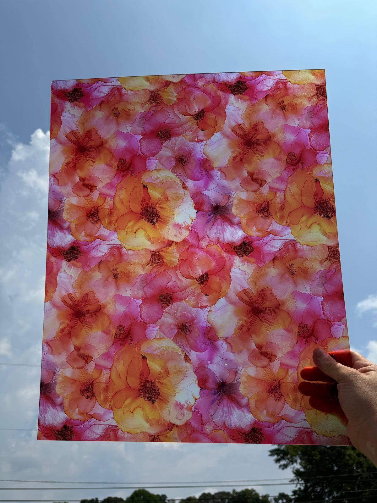 PatternPly® 19x24" Transparent Bright Orange and Pink Floral XL Scale sheet showing the pattern