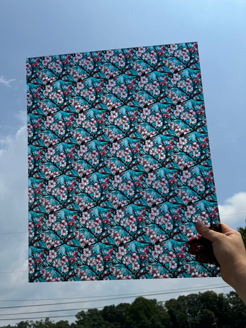PatternPly® 19x24" Transparent Cherry Blossoms Stained Glass Original Scale sheet showing the pattern