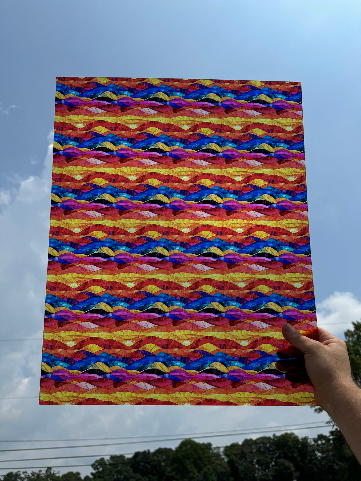 PatternPly® 19x24" Transparent Bright Sunrise Stained Glass Original Scale sheet showing the pattern