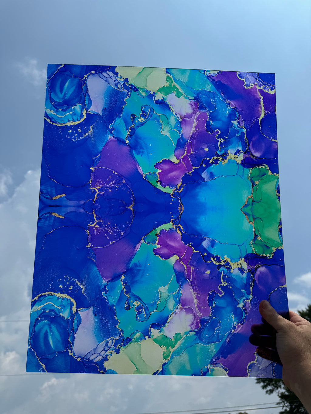PatternPly® 19x24" Transparent Blue and Purple Paint Swirls Original Scale sheet showing the pattern