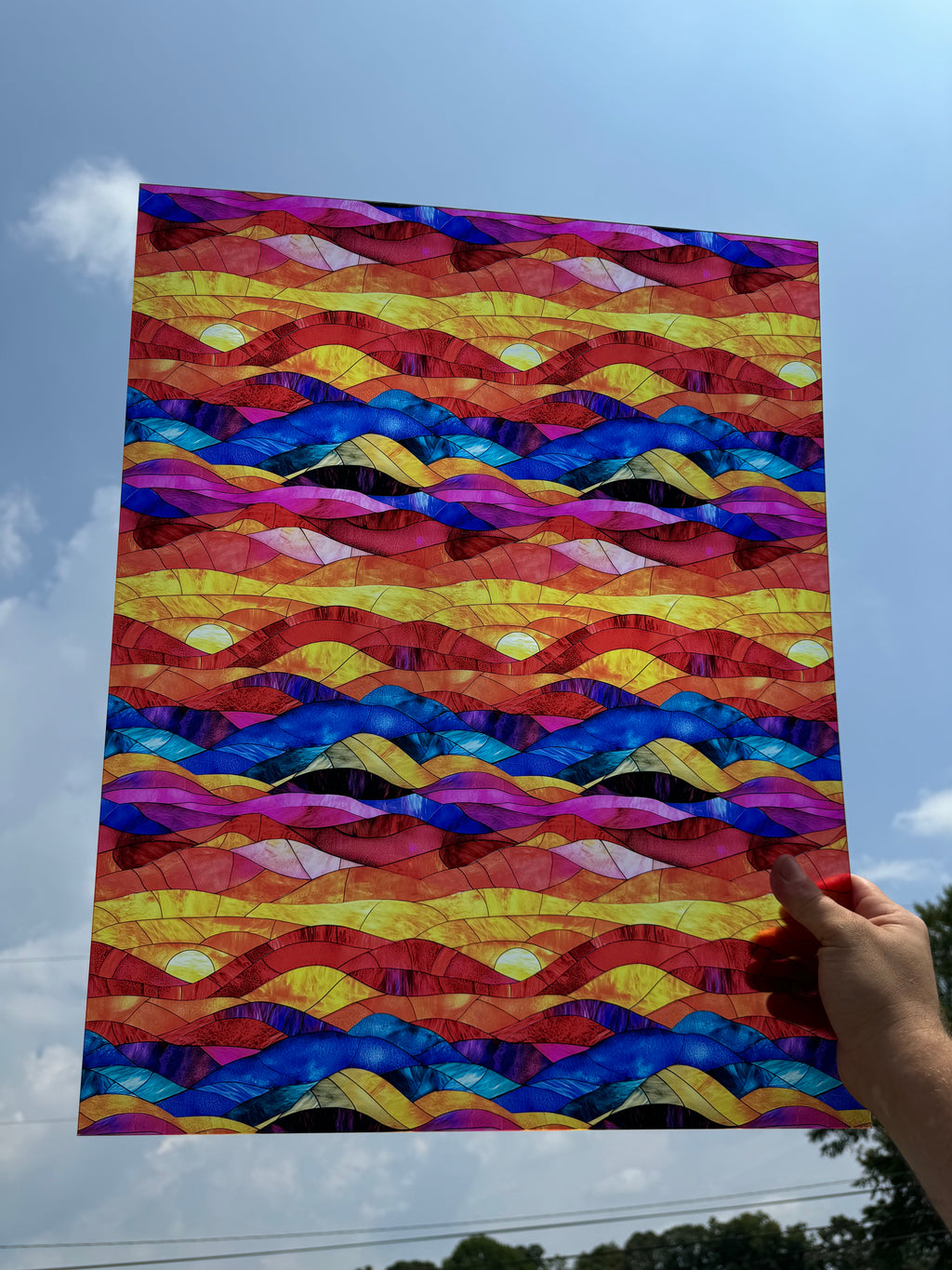 PatternPly® 19x24" Transparent Bright Sunrise Stained Glass XL Scale sheet showing the pattern