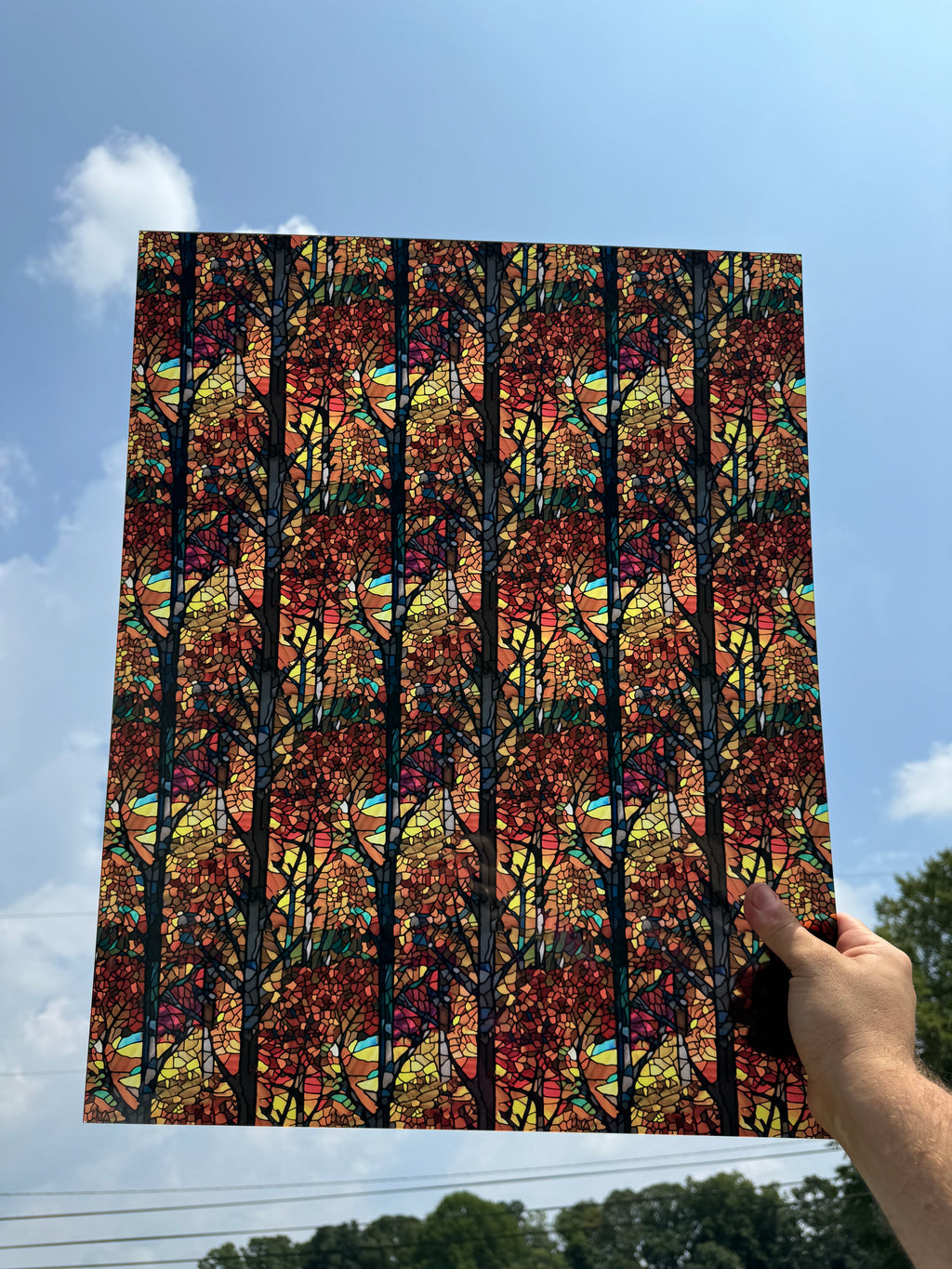 PatternPly® 19x24" Transparent Stained Glass Fall Forest XL Scale sheet showing the pattern