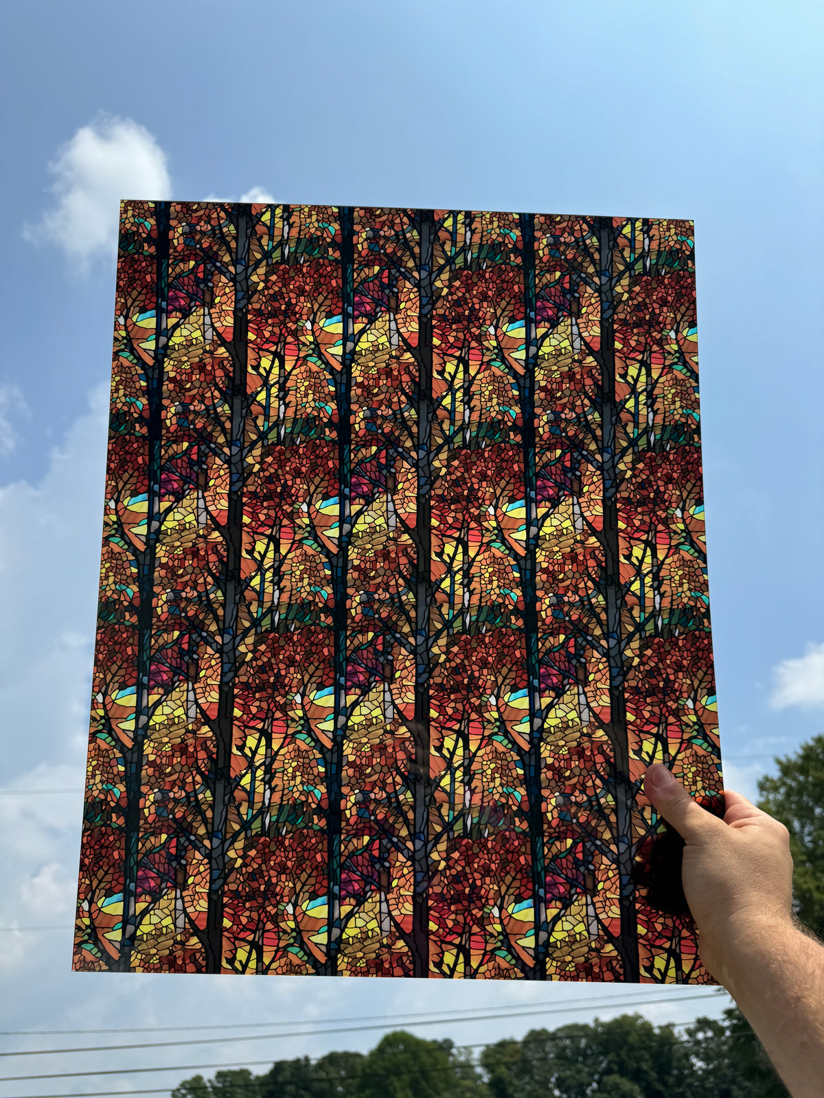 PatternPly® 19x24" Transparent Stained Glass Fall Forest XL Scale sheet showing the pattern