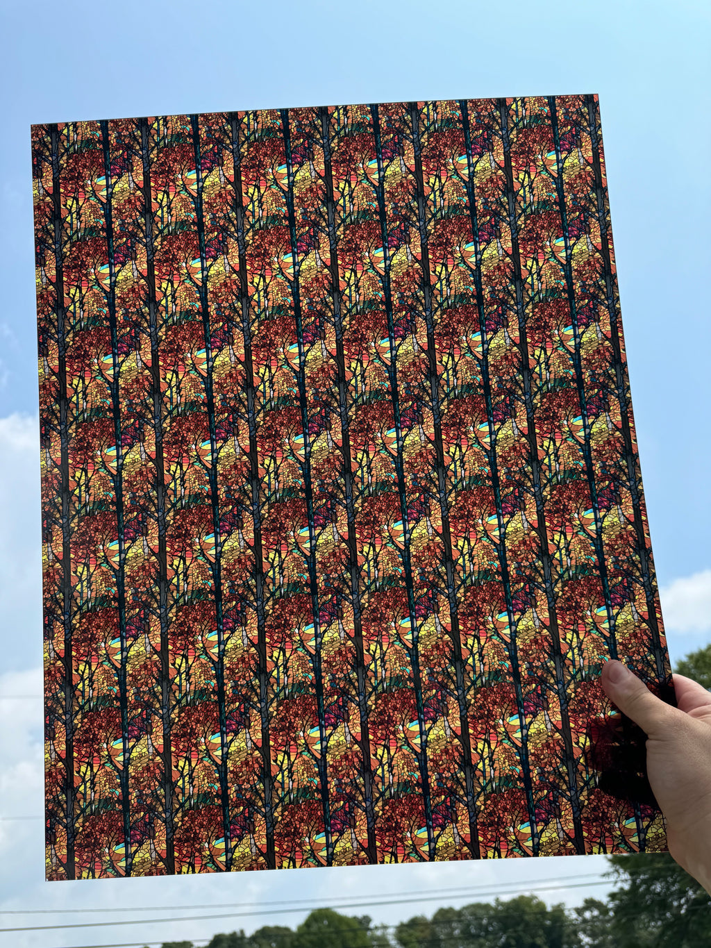 PatternPly® 19x24" Transparent Stained Glass Fall Forest Original Scale sheet showing the pattern