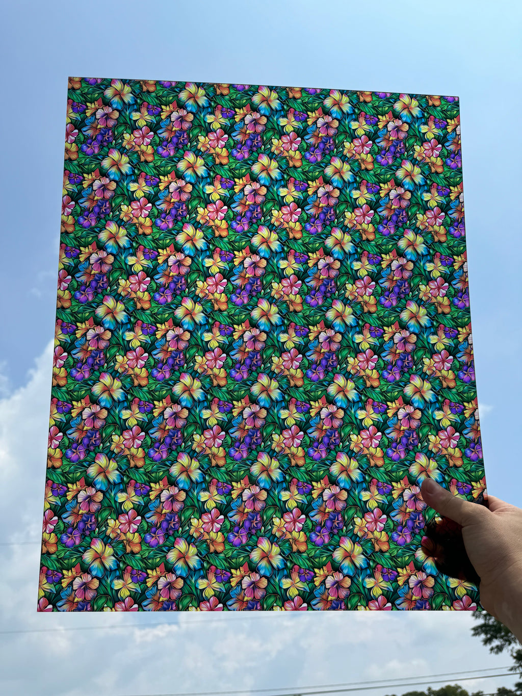 PatternPly® 19x24" Transparent Stained Glass Hawaiian Floral Original Scale sheet showing the pattern