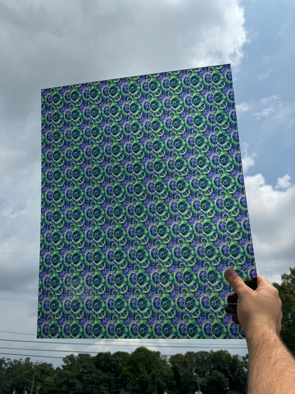 PatternPly® 19x24" Transparent Green and Purple Halloween Tie Dye Original Scale sheet showing the pattern