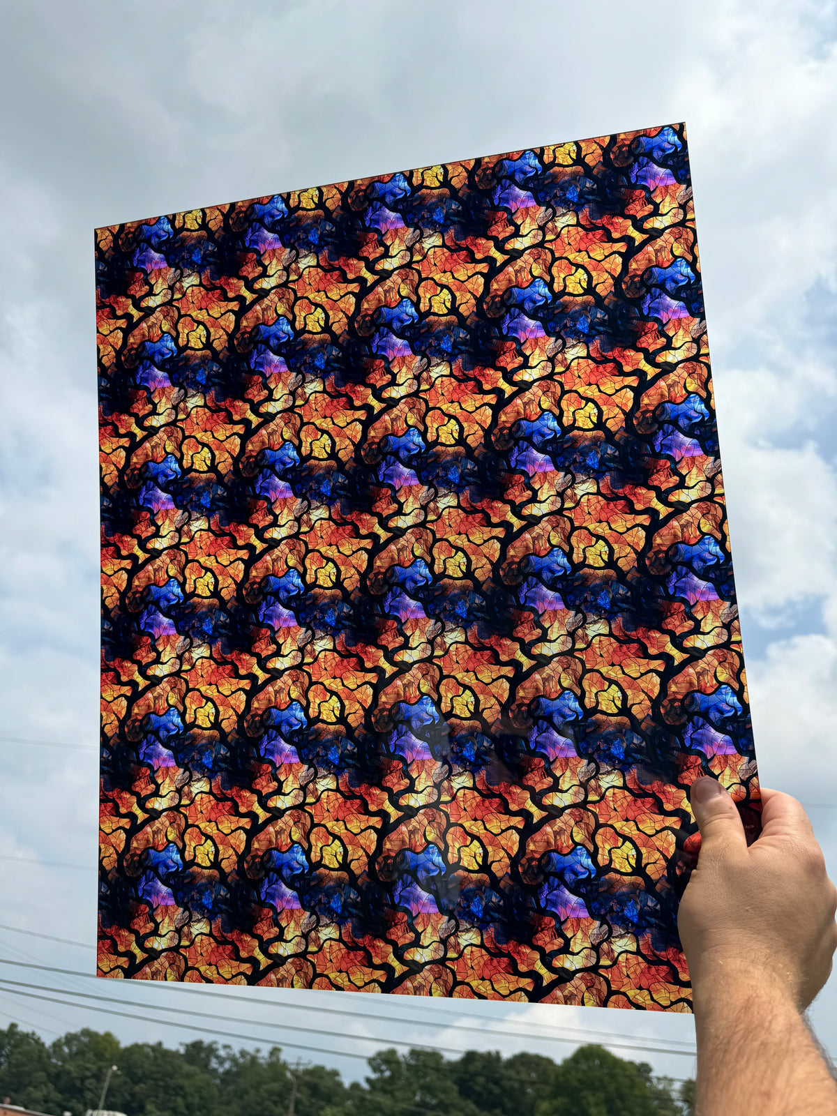 PatternPly® 19x24" Transparent Abstract Stained Glass Spooky Tree Sky Original Scale sheet showing the pattern