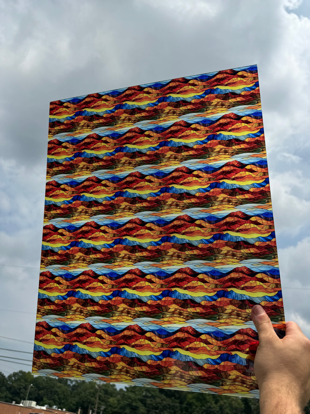 PatternPly® 19x24" Transparent Abstract Rustic Mountain Range Stained Glass Original Scale sheet showing the pattern