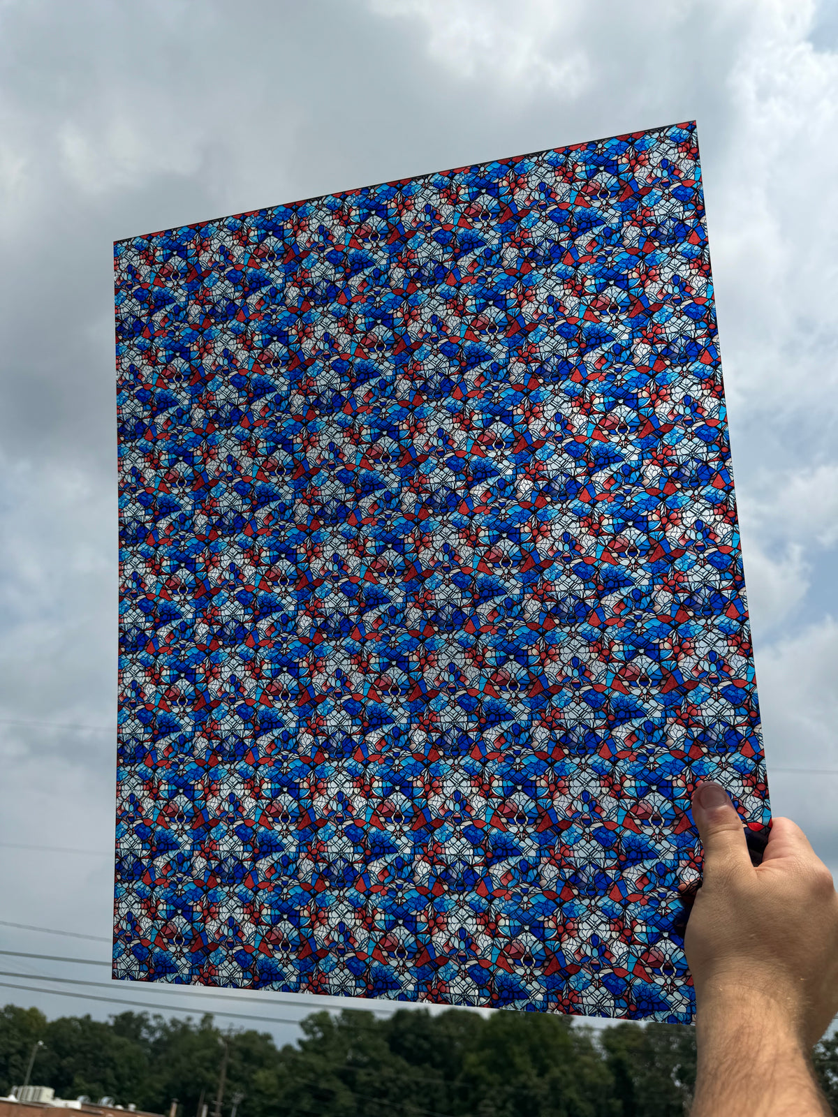PatternPly® 19x24" Transparent Red, White, and Blue Stained Glass Original Scale sheet showing the pattern