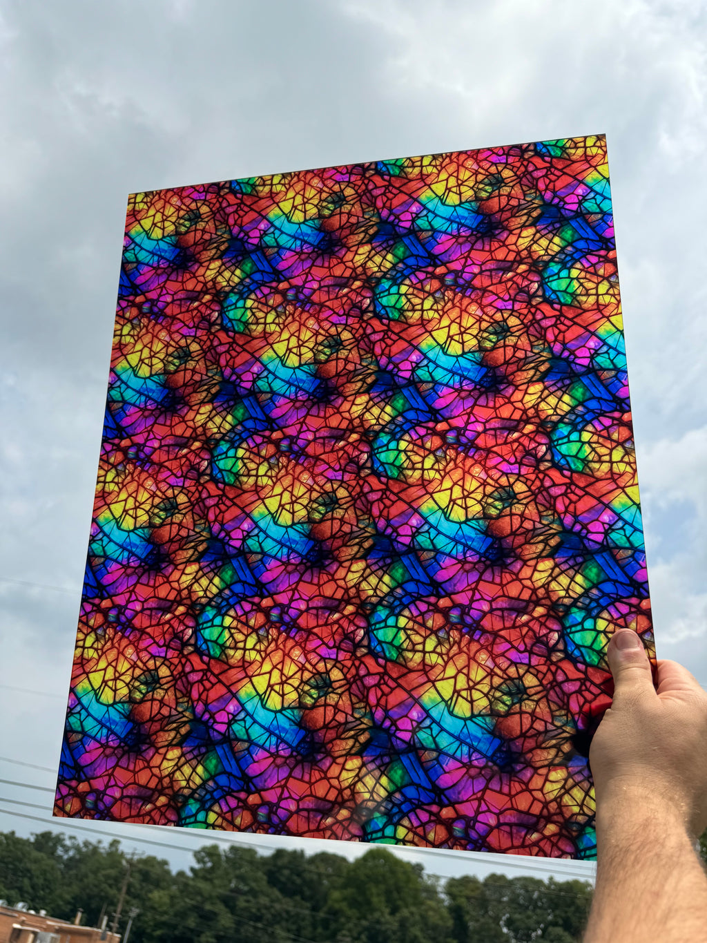 PatternPly® 19x24" Transparent Shattered Rainbow Glass XL Scale sheet showing the pattern
