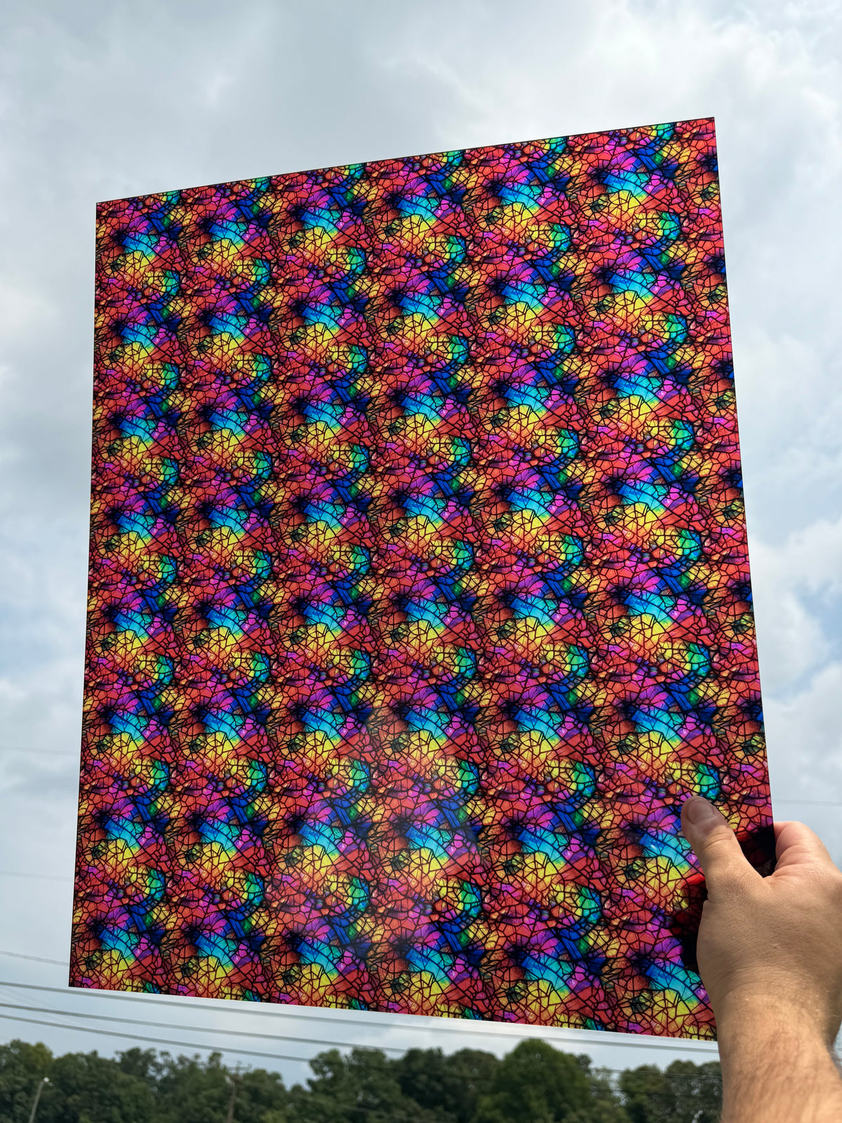 PatternPly® 19x24" Transparent Shattered Rainbow Glass Original Scale sheet showing the pattern