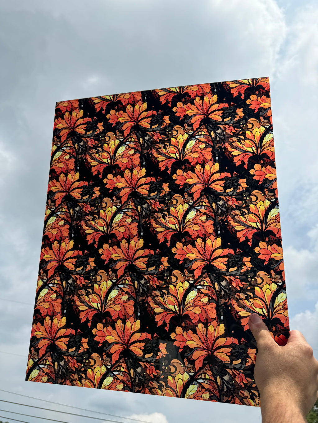 PatternPly® 19x24" Transparent Halloween Stained Glass Floral XL Scale sheet showing the pattern