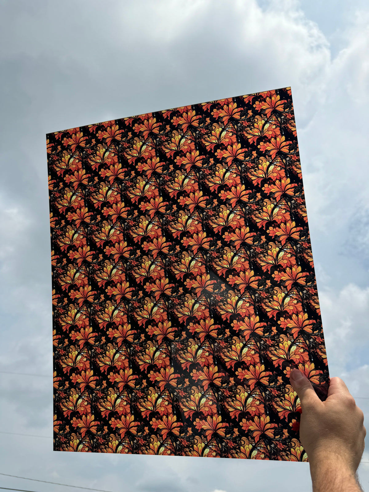 PatternPly® 19x24" Transparent Halloween Stained Glass Floral Original Scale sheet showing the pattern