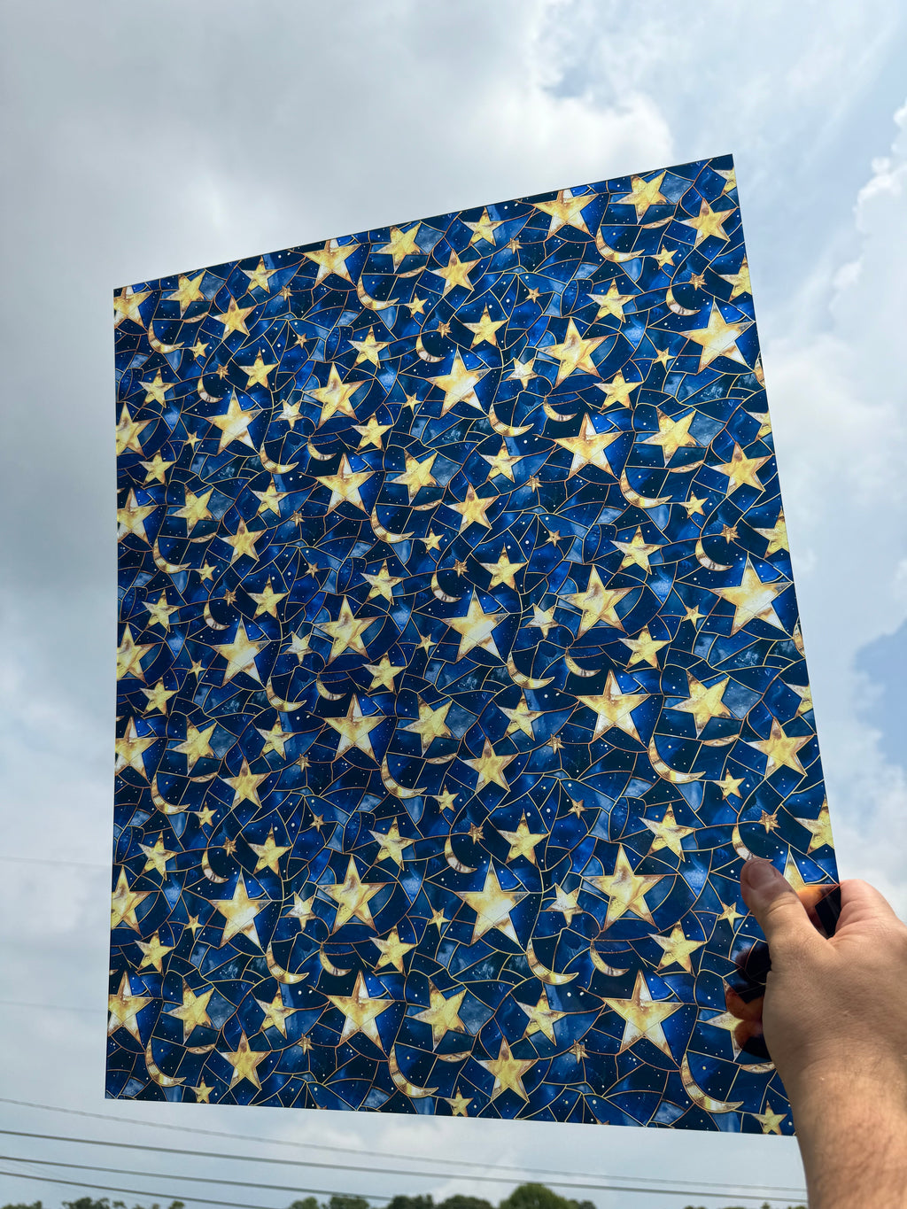 PatternPly® 19x24" Transparent Stained Glass Moon and Stars XL Scale sheet showing the pattern