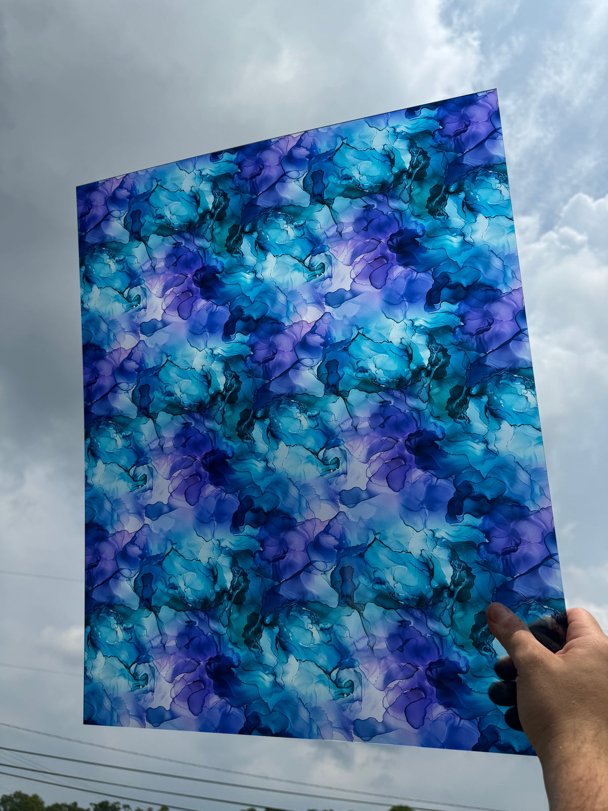 PatternPly® 19x24" Transparent Teal and Purple Ink Original Scale sheet showing the pattern