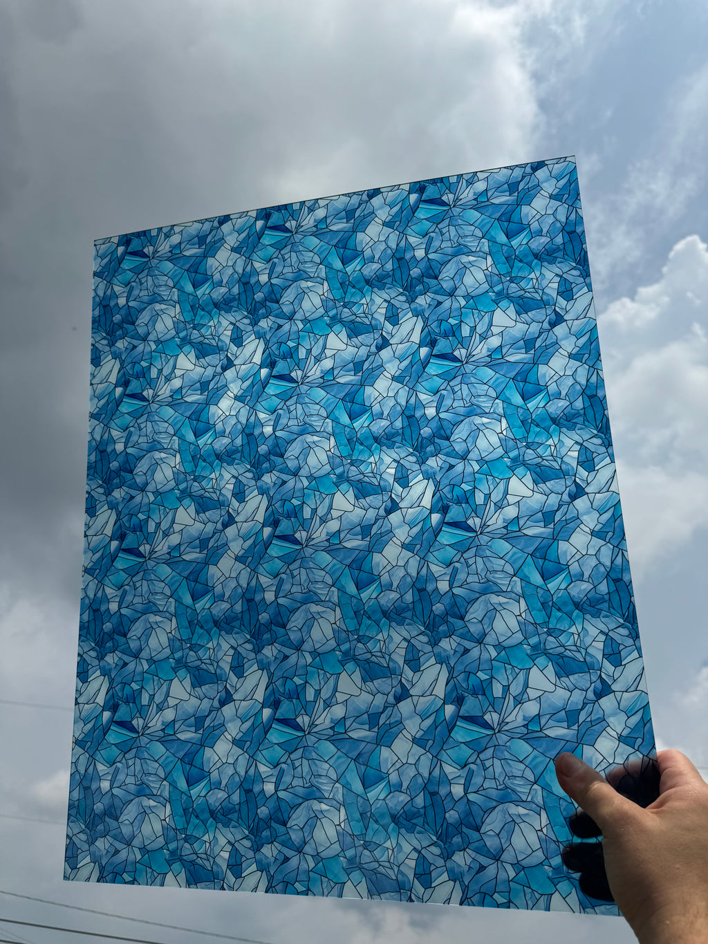 PatternPly® 19x24" Transparent Icy Stained Glass XL Scale sheet showing the pattern