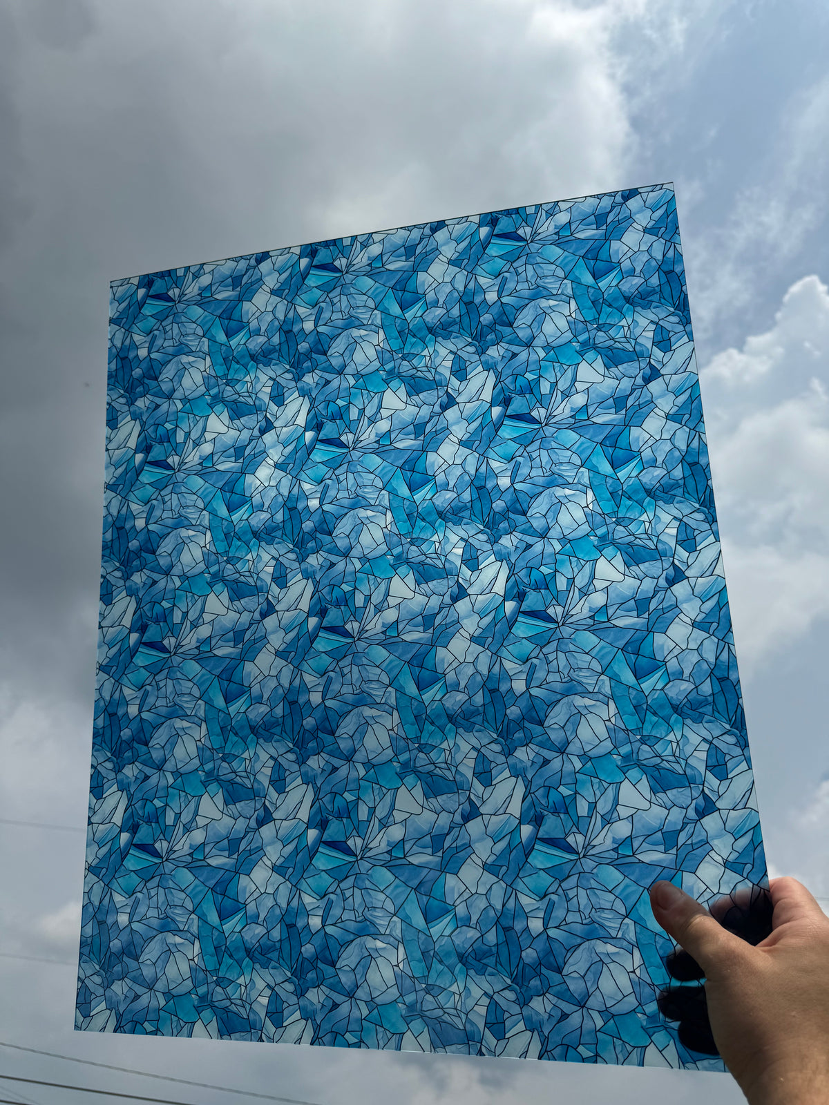 PatternPly® 19x24" Transparent Icy Stained Glass XL Scale sheet showing the pattern