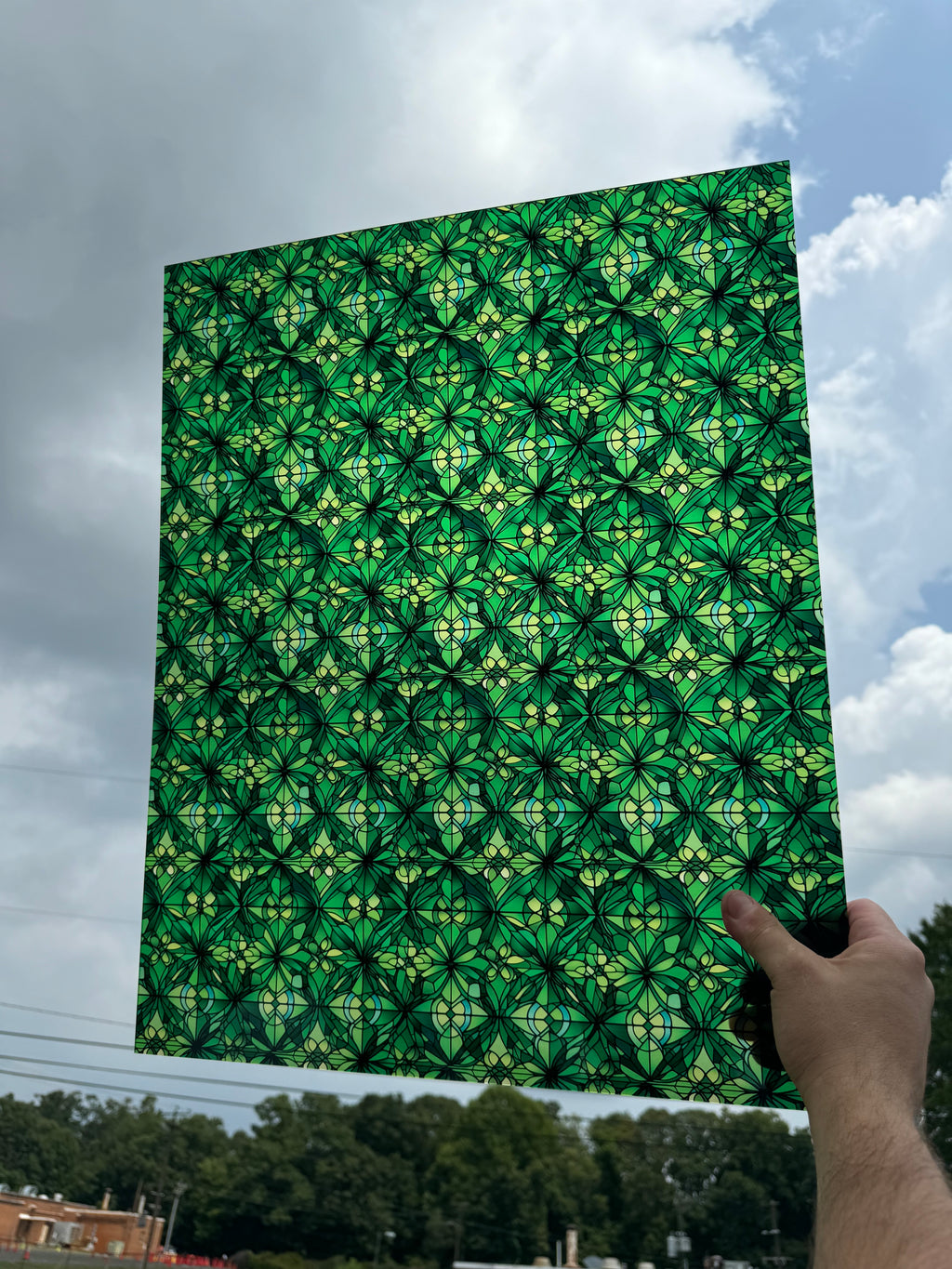 PatternPly® 19x24" Transparent Abstract Green Stained Glass XL Scale sheet showing the pattern