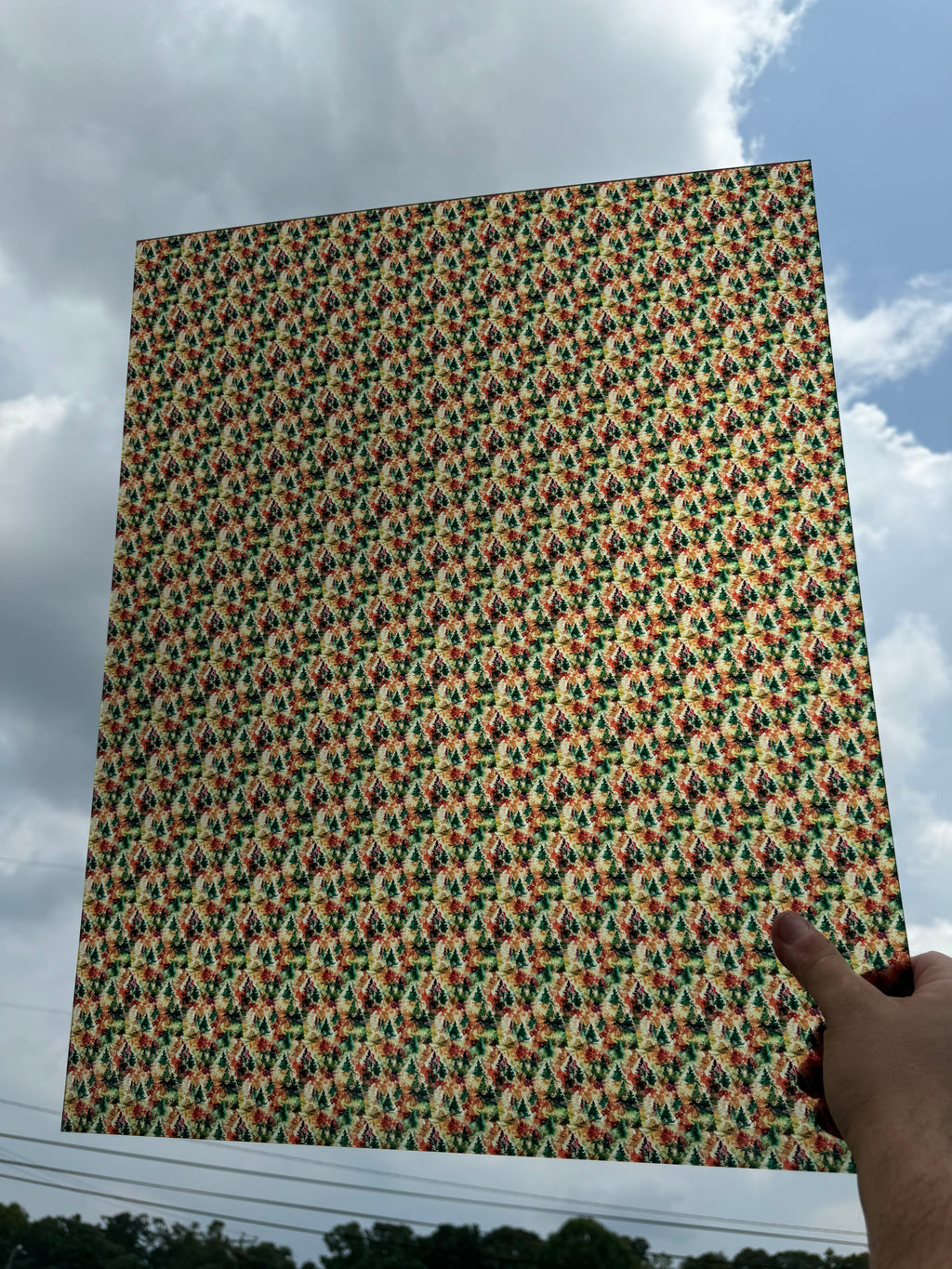 PatternPly® 19x24" Transparent Fall Watercolor Christmas Tree Original Scale sheet showing the pattern