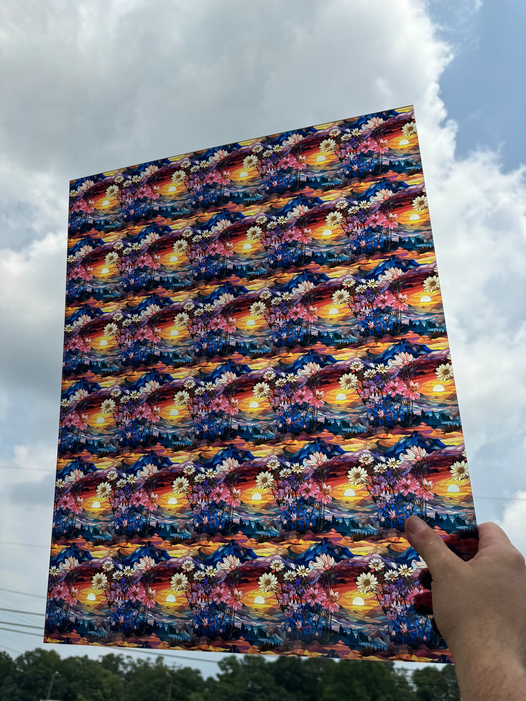 PatternPly® 19x24" Transparent Floral Mountain Range Stained Glass Original Scale sheet showing the pattern