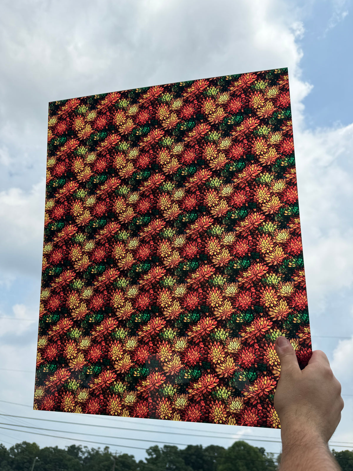 PatternPly® 19x24" Transparent Fall Mums Stained Glass XL Scale sheet showing the pattern