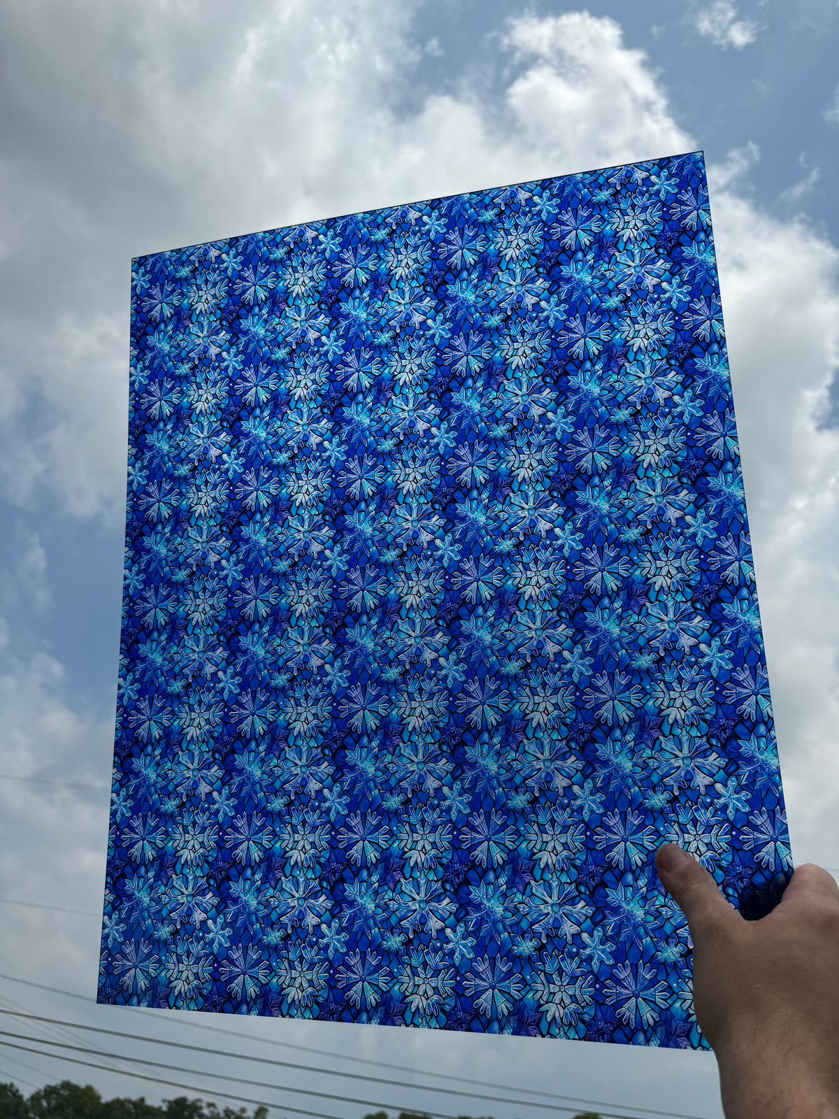 PatternPly® 19x24" Transparent Melting Snowflakes Original Scale sheet showing the pattern