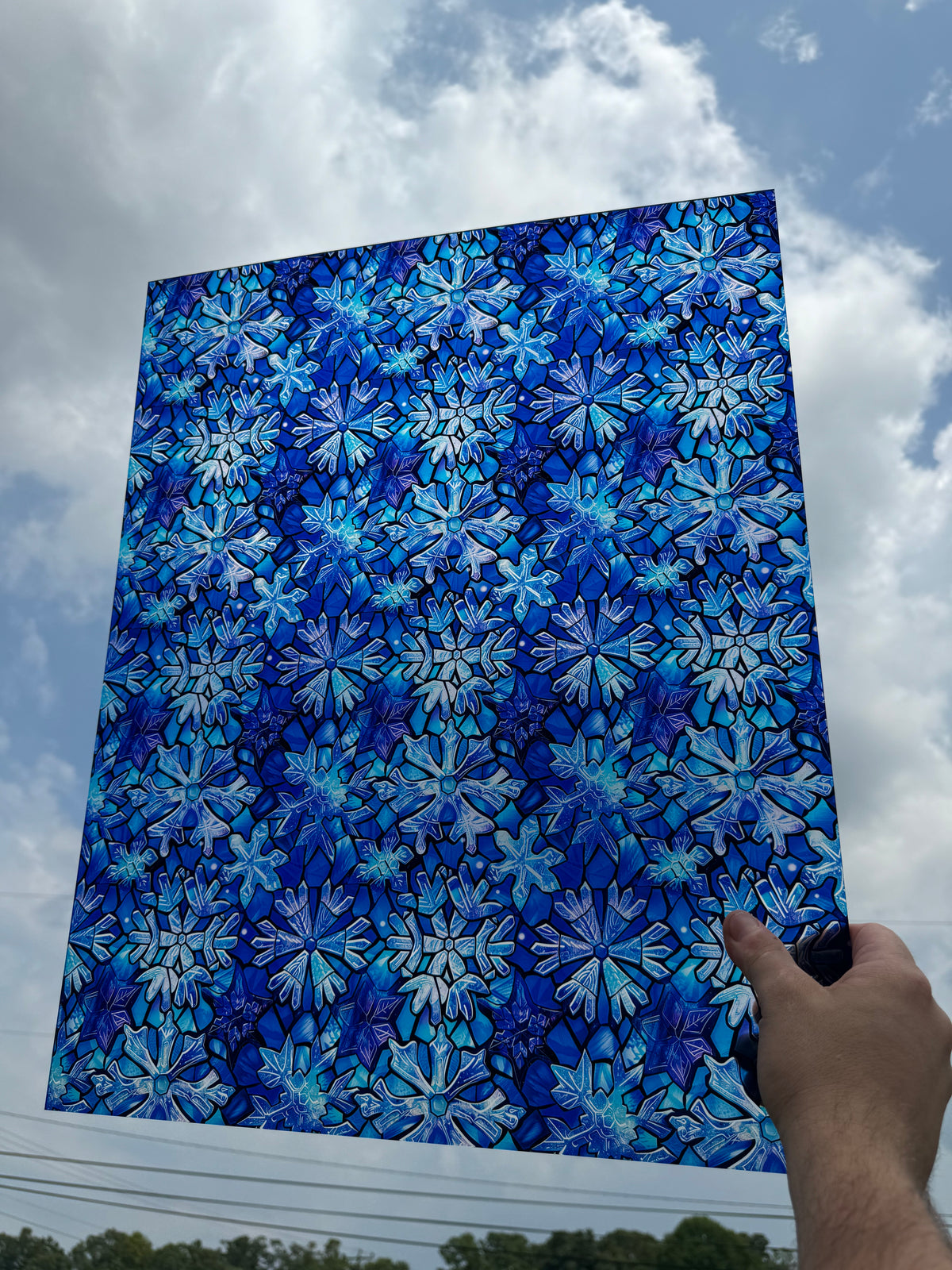 PatternPly® 19x24" Transparent Melting Snowflakes XL Scale sheet showing the pattern