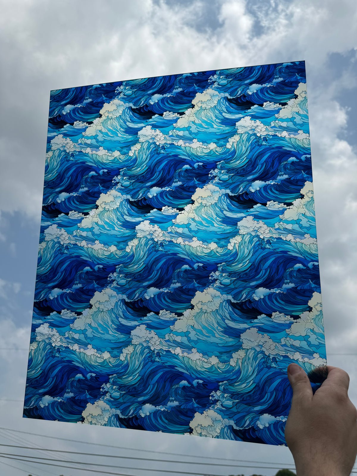 PatternPly® 19x24" Transparent Ocean Waves Stained Glass XL Scale sheet showing the pattern