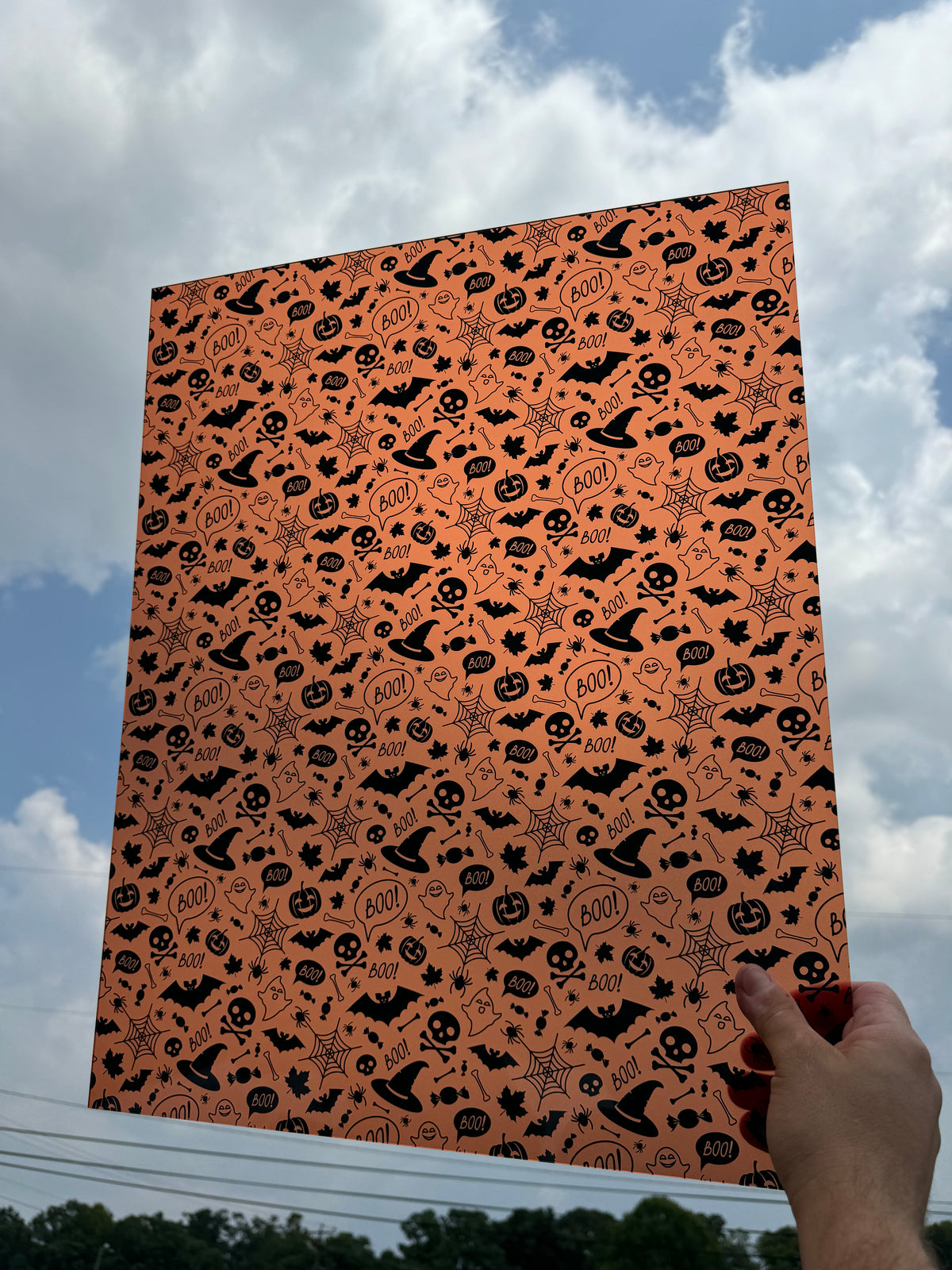 PatternPly® 19x24" Transparent Orange Halloween XL Scale sheet showing the pattern